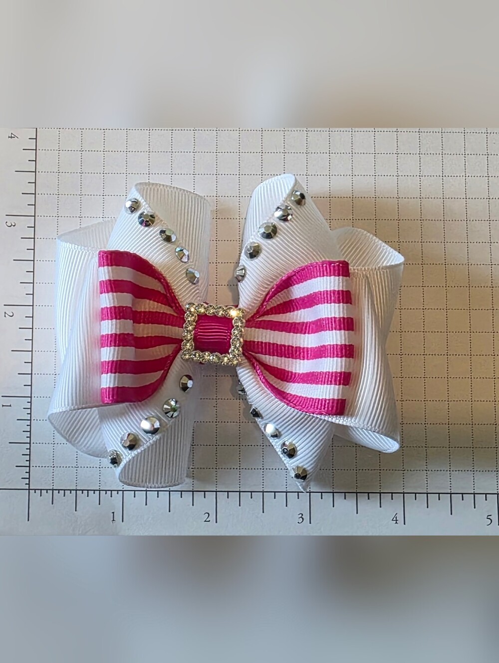 White and Hot Pink Striped Rhinestone Bow Hair Clip